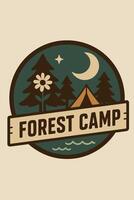Vintage Forest Camp Badge Design with Trees, Tent, and Moon vector