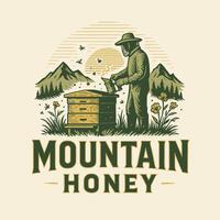 Beekeeper Working with Beehive Near Mountains Producing Natural Mountain Honey vector