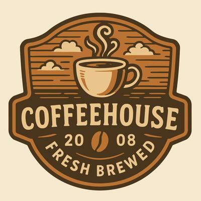 Coffeehouse Emblem with Steaming Cup and Fresh Brewed Design
