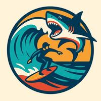 Surfer Riding Wave with Jumping Shark Graphic in Retro Style vector