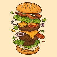 Exploded Burger Illustration with Floating Ingredients on Tan Background vector