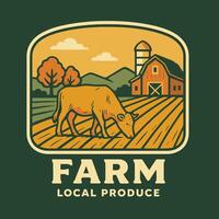 Cow Grazing on Farm Field with Barn and Rolling Hills vector