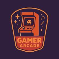 Retro Arcade Game Machine Badge Design with Stars and Pixels vector
