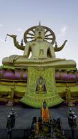 ein kleiner Winkel, Mittel Schuss erfasst das beeindruckend golden Statue von das groß Buddha sitzend im ein meditativ Pose oben auf ein bunt lotusförmig Base. das heiter Buddha Zahl ist geschmückt mit kompliziert video
