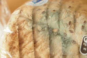 Bread with blue mold indicating spoilage in a packaged state photo