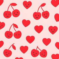 Seamless pattern of smiling cherries and hearts playful design digital art bright background cheerful vibe vector