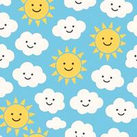 Cheerful seamless pattern of happy suns and clouds playful design bright blue background joyful atmosphere vector
