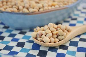 Soybeans displayed in a wooden spoon on a checked tablecloth photo