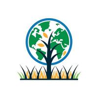 Green world map with tree silhouette and globe concept. vector