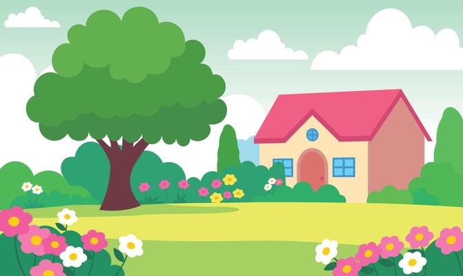 Beautiful Home House Building with Colorful Blooming Flowers Garden Park Yard Landscape in Summer