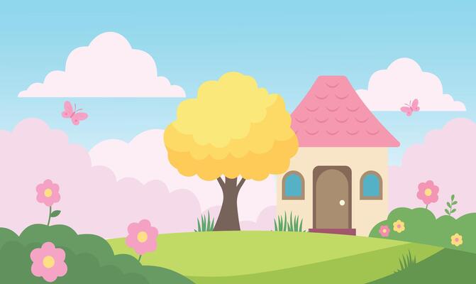 Home House Building with Flowers Floral Garden Park Yard Nature Scenery in Summer