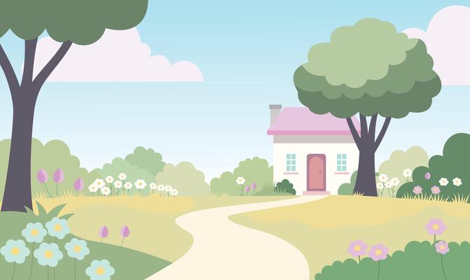 Home House Building with Flowers Floral Garden Park Yard Nature Landscape in Spring