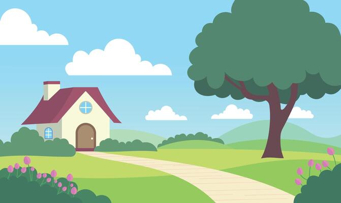 Home House Building with Flowers Floral Garden Park Yard Nature Panoramic in Summer