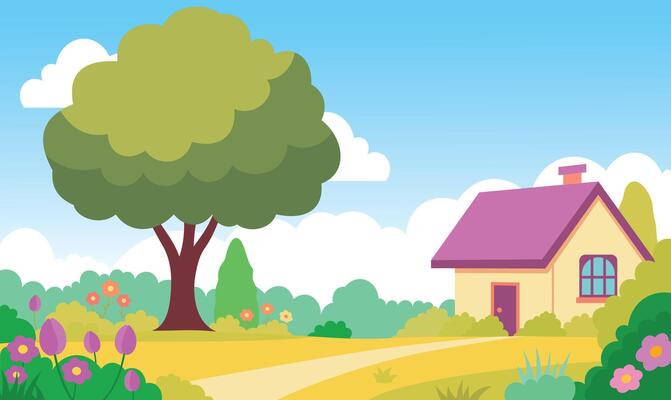 Home House Building with Colorful Flowers Floral Garden Park Yard Landscape in Summer