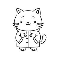 Funny Cat Kitten Pet Animal Cartoon Character Wearing Jacket Coat Raincoat in Line Art Design with Sad Expression vector
