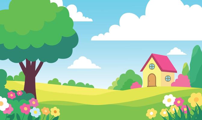 Beautiful Home House Building with Colorful Flowers Floral Garden Park Yard Landscape in Summertime