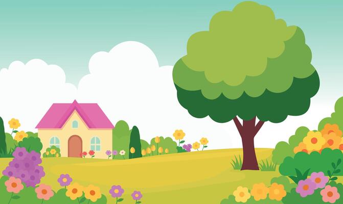 Beautiful Home House Building with Colorful Fresh Flowers Floral Garden Park Yard Landscape in Summer