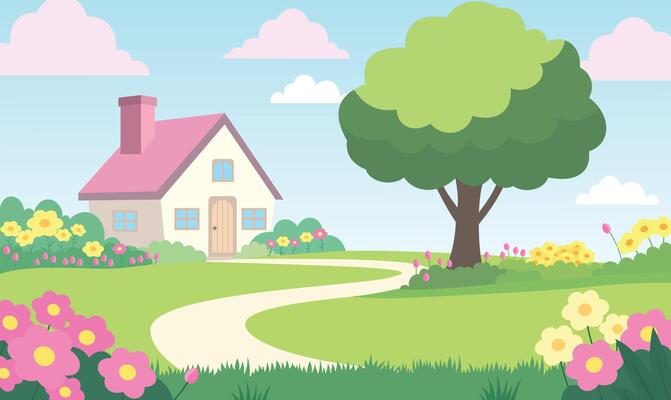 Beautiful Home House Building with Colorful Flowers Floral Garden Park Yard Nature Landscape in Summer