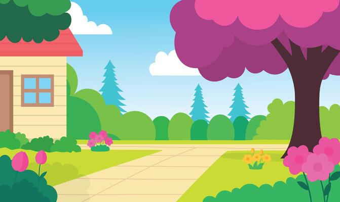 Beautiful Home House Building with Colorful Flowers Floral Garden Park Yard Landscape in Bright Sky