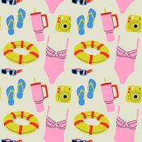 Seamless pattern with summer attributes and accessories. Pattern with summer attributes - swimsuit, tumblers, photo camera, sunglasses, flip-flops.Perfect for summer-themed designs and packaging. vector