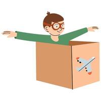 Child pretending to fly in cardboard box. Happy child with goggles playing pilot, pretending to fly an airplane using a cardboard box. vector