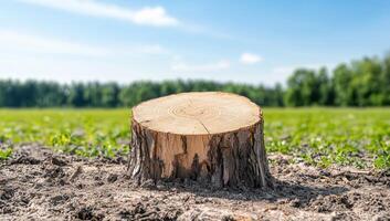 Tree stump in a deforested area, symbol of deforestation, environmental damage, and climate change. Sunny day, blue sky. photo