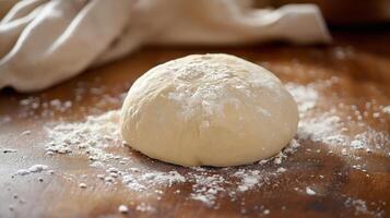 A close-up of a round, smooth ball of fresh focaccia dough on a floured surface photo