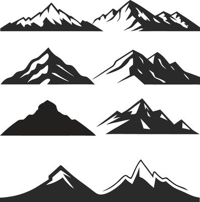 Collection of Six Different Mountain Peak s Black Silhouettes on White Background