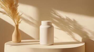 A minimalistic product page displaying a whey protein container mockup photo