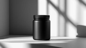 A minimalistic high-contrast banner featuring a protein jar with a backlight photo