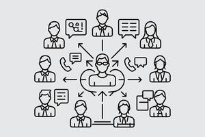 Business Network And Communication Flow With People Icons In Outline Style vector