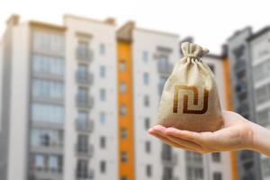 Israeli shekel bag against the background of modern high-rise buildings. Investing in the purchase of real estate. Affordable housing and mortgage rates. Renting apartments and houses. Blurred photo