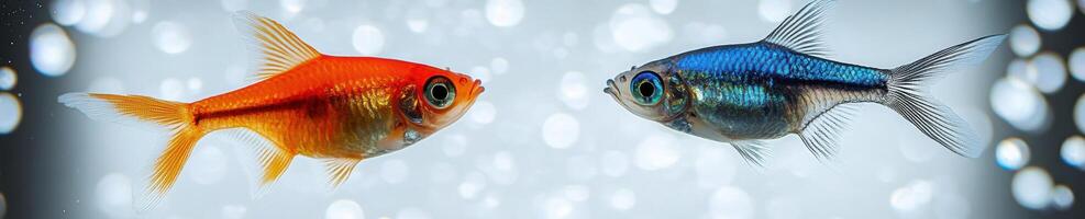 Colorful neon tetras swimming gracefully in a clean aquarium with bokeh background photo