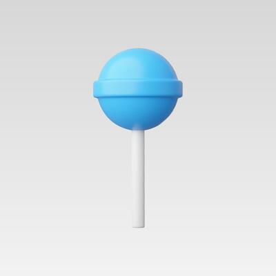 A vibrant blue lollipop on a white stick against a minimalist backdrop.