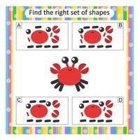Logic puzzle for children. Find the correct set of cartoon crab. Preschool worksheet activity. Answer is D. vector