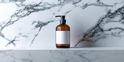 Ultra realistic minimalist mockup of a standing dispenser bottle on marble surface for design projects photo