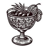 Elegant glass cup of berries with leaves in vintage vector