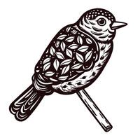 Intricate black and white bird with leaf patterns perched on branch vector