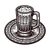 Intricate hand drawn beer mug on decorative plate with detailed etching vector