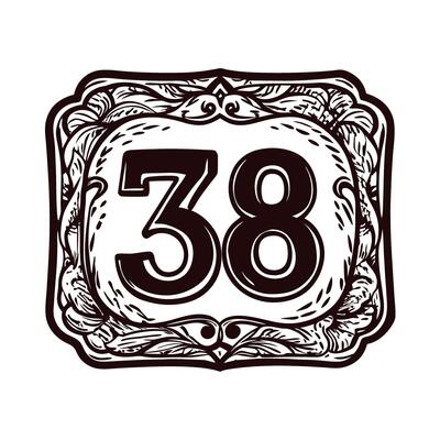 Ornate vintage signage with number 38 in intricate decorative frame