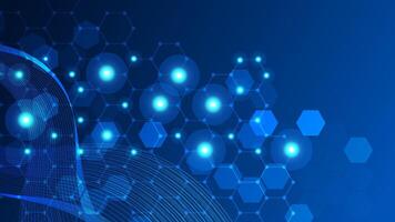 Technology abstract lines and dots connect background with hexagons. Hexagons connection digital data and big data concept. Abstract digital network connection structure on blue background. vector