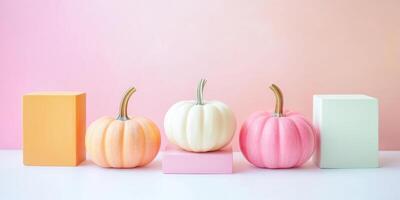 Trio of mini pumpkins in pastel tones for autumn decorating and seasonal display photo