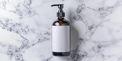 Ultra realistic minimalist mockup of standing bottle on marble background for branding design photo