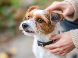 Pet owner adjusting GPS tracker on dog collar in outdoor setting photo