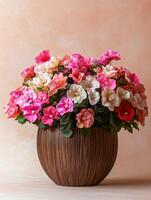 Elegant arrangement of vibrant flowers in rustic brown vase photo