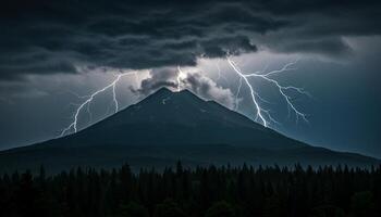 Epic mountain view with jagged lightning lighting up a thunderous sky and forest in a dramatic natural display photo