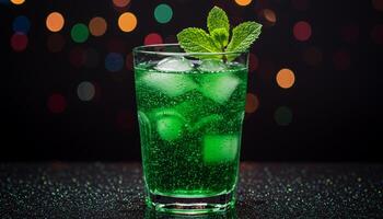 Discover the fresh elegance of a green carbonated drink topped with mint leaves and served with ice cubes. photo