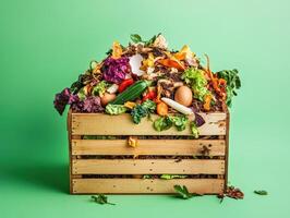 Eco friendly composting with fresh organic waste in a wooden box on green background photo