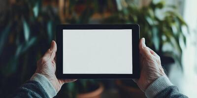 Elderly hands holding blank tablet display in a cozy indoor setting photo