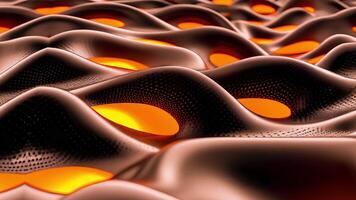 Seamless looping futuristic 3D animation of abstract metallic waves with glowing orange lights. Sci-fi motion background with smooth liquid texture and dynamic energy flow. Great for modern technology video